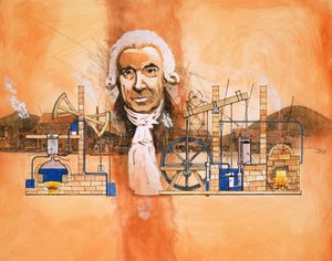 James Watt avec des fours et des pompes mécaniques en arrière-plan