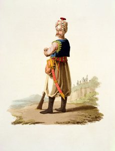Janissaire, de Costumes des diverses nations, Volume VII, Le Costume militaire de la Turquie, par Thomas MacLean, publié c.1800-18
