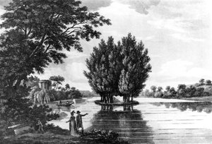 Tombe de Jean-Jacques Rousseau (1712-78) à Ermenonville, de A Sporting Tour Through France in a Series of Letters to the Earl of Darlington par Colonel Thomas Thornton, publié en 1806 - English School