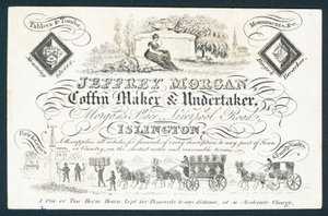 Carte de visite de Jeffrey Morgan, fabricant de cercueils et entrepreneur de pompes funèbres - English School