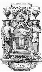 Ex-libris de la bibliothèque circulante de John Andrews par Joseph Shepperd, publié à Calcutta, 1774