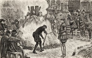 John Bland, John Frankesh, Nicholas Sheterden et Humphrey Middleton brûlés vifs pour hérésie au 16ème siècle, vers 1865 (gravure sur bois)