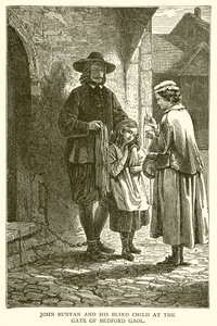 John Bunyan et son enfant aveugle à la porte de la prison de Bedford - English School
