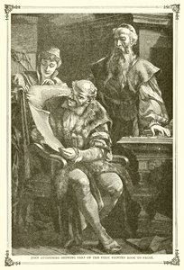 John Gutenberg montrant une partie du premier livre imprimé à Faust - English School