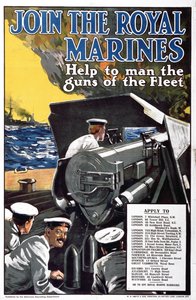 Rejoignez les Royal Marines - Aidez à armer les canons de la flotte, affiche de recrutement de la Première Guerre mondiale