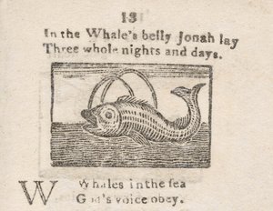 Jonas dans le ventre de la baleine, illustration pour la lettre W, d