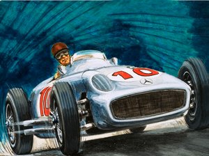 Juan Manuel Fangio conduisant une Mercedes-Benz - English School