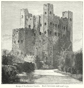 Donjon du château de Rochester. Construit entre 1126 et 1139 (gravure) - English School