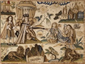 Le roi Assuérus et la reine Esther, vers 1660 (soie, fils métalliques et isinglass) - English School
