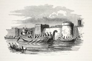 Le roi Edgar ramé par huit rois sur la rivière Dee, publié au 19ème siècle (gravure sur acier) - English School