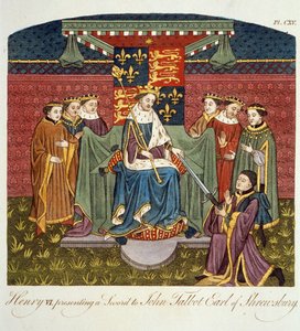 Roi Henri VI (1421-71) présentant une épée à John Talbot (c.1388-1453) Comte de Shrewsbury, illustration de The Complete View of the Dress and Habits of the People of England Volume II, publié en 1799 - English School