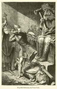 Le roi Olaf détruisant les dieux nordiques (gravure) - English School