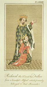 Roi Richard II (1367-1400) avec son père Édouard (1330-76) le Prince Noir, illustration de The Complete View of the Dress and Habits of the People of England Volume II, publié en 1799 - English School