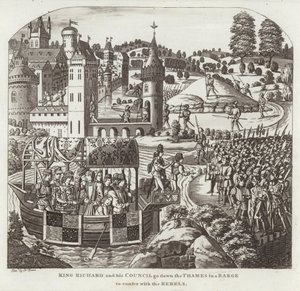 Le roi Richard et son conseil descendent la Tamise en barge pour conférer avec les rebelles - English School