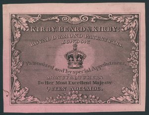 Kirby, Beard and Kirby, épingles brevetées Royal Diamond, carte de visite - English School
