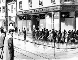 Bourse du travail au Royaume-Uni neuf mois après le krach de Wall Street de 1929 - English School