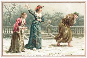 Dames lançant des boules de neige à un vieil homme, carte de Noël - English School