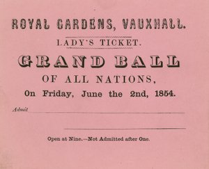 Billet de dame, jardins de Vauxhall, Londres, pour le 2 juin 1854 - English School