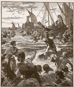 Débarquement des Romains sur la côte du Kent, illustration de Cassells Illustrated History of England - English School