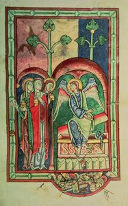 Lansdowne 383 f.13 Les femmes au sépulcre, du Psautier de Shaftesbury, West Country, c.1130-40 (vélin) - English School