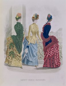 Dernières modes parisiennes, trois robes de jour dans une planche de mode de The Queen, mai 1885 - English School