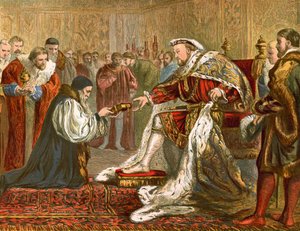Latimer présentant la bible à Henri VIII (gravure en couleur) - English School