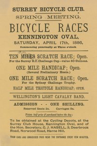 Prospectus publicitaire pour les courses de vélos à Kennington Oval, 17 avril 1886 - English School