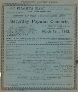 Prospectus publicitaire pour les concerts populaires du samedi au Pilgrim Hall - English School