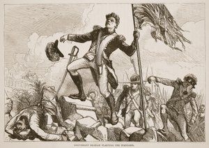 Lieutenant Graham plantant le drapeau, illustration de Cassells Illustrated History of India par James Grant, pub. 1879