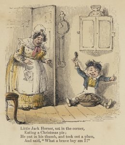 Petit Jack Horner, assis dans le coin, Mangeant une tarte de Noël, Il a mis son pouce, et a sorti une prune, Et a dit, "Quel brave garçon je suis!"