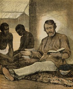 Livingstone lisant la Bible (gravure en couleur) - English School