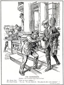 Lloyd George et Bonar Law au Club de Golf de la Coalition, craignant la ligue Anti-Gaspillage, doivent renoncer au luxe des caddies. Décembre 1920 - English School
