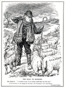 Lloyd George en tant que berger de la Grande-Bretagne demande aux contribuables (moutons) de mener la reprise économique, décembre 1920 - English School