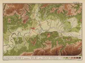 District de Londres montrant le relief et les systèmes fluviaux