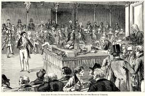 Lord John Russell présentant le projet de loi sur la réforme à la Chambre des communes (gravure) - English School