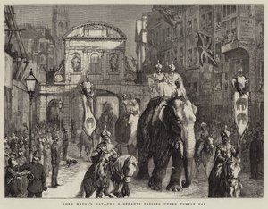 Jour du Lord Maire, les éléphants passant sous Temple Bar (gravure) - English School