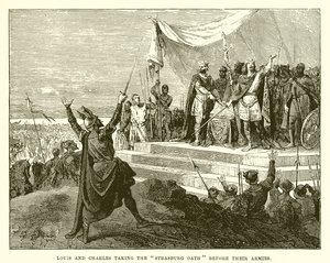 Louis et Charles prêtant le serment de Strasbourg devant leurs armées - English School