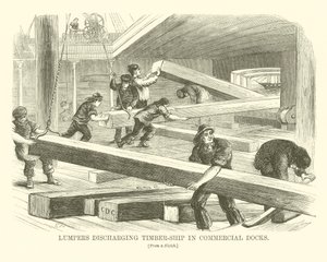 Brouettes déchargeant un navire de bois dans les docks commerciaux (gravure) - English School