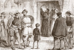 Luther clouant ses thèses à la porte de la Schloss-Kirk à Wittemberg, illustration de L