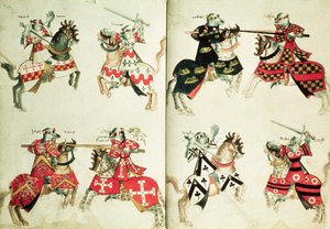 Chevaliers en tournoi montrant des emblèmes héraldiques (vélin)