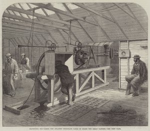 Machinerie pour embarquer le câble télégraphique atlantique à bord du Great Eastern (gravure) - English School