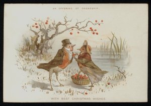 Rouges-gorges mâle et femelle en costume. Carte de vœux de Noël. - English School