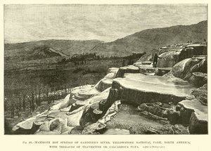 Sources chaudes mammouth de la rivière Gardiners, parc national de Yellowstone, Amérique du Nord, avec des terrasses de travertin ou de tuf calcaire - English School
