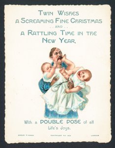 Homme tenant des jumeaux criant, carte de Noël - English School