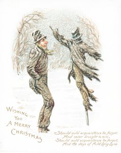 Homme regardant un épouvantail, Carte de Noël - English School
