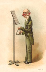Homme lisant des partitions pour jouer du triangle (lithographie couleur)