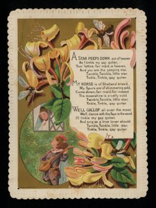 Homme sérénadant son amante et chèvrefeuille, carte de vœux