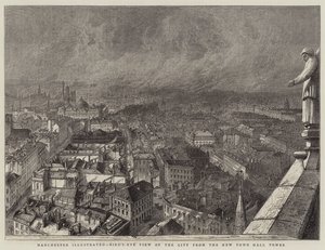Manchester illustré, vue aérienne de la ville depuis la tour de la nouvelle mairie (gravure) - English School