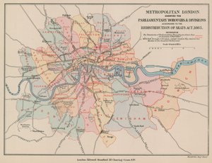Carte du Londres Métropolitain montrant les Boroughs et Divisions Parlementaires, 1885