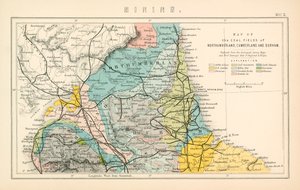 Carte des gisements de charbon de Northumberland, Cumberland et Durham (lithographie couleur) - English School